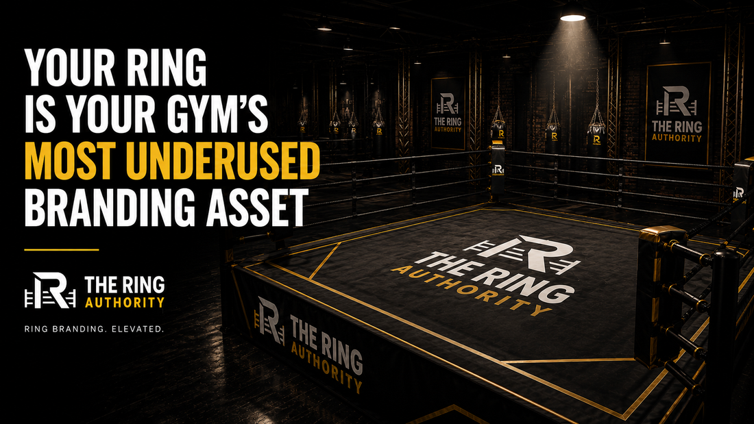 Custom branded black boxing ring canvas with gym logo showcasing boxing ring branding and gym branding ideas.