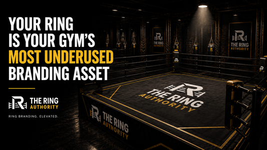 Custom branded black boxing ring canvas with gym logo showcasing boxing ring branding and gym branding ideas.