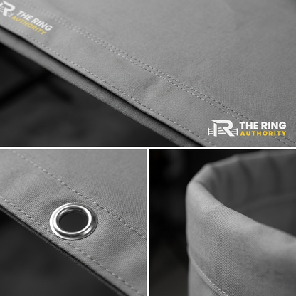 Collage of gray fabric with grommet details and 'The Ring Authority' branding.