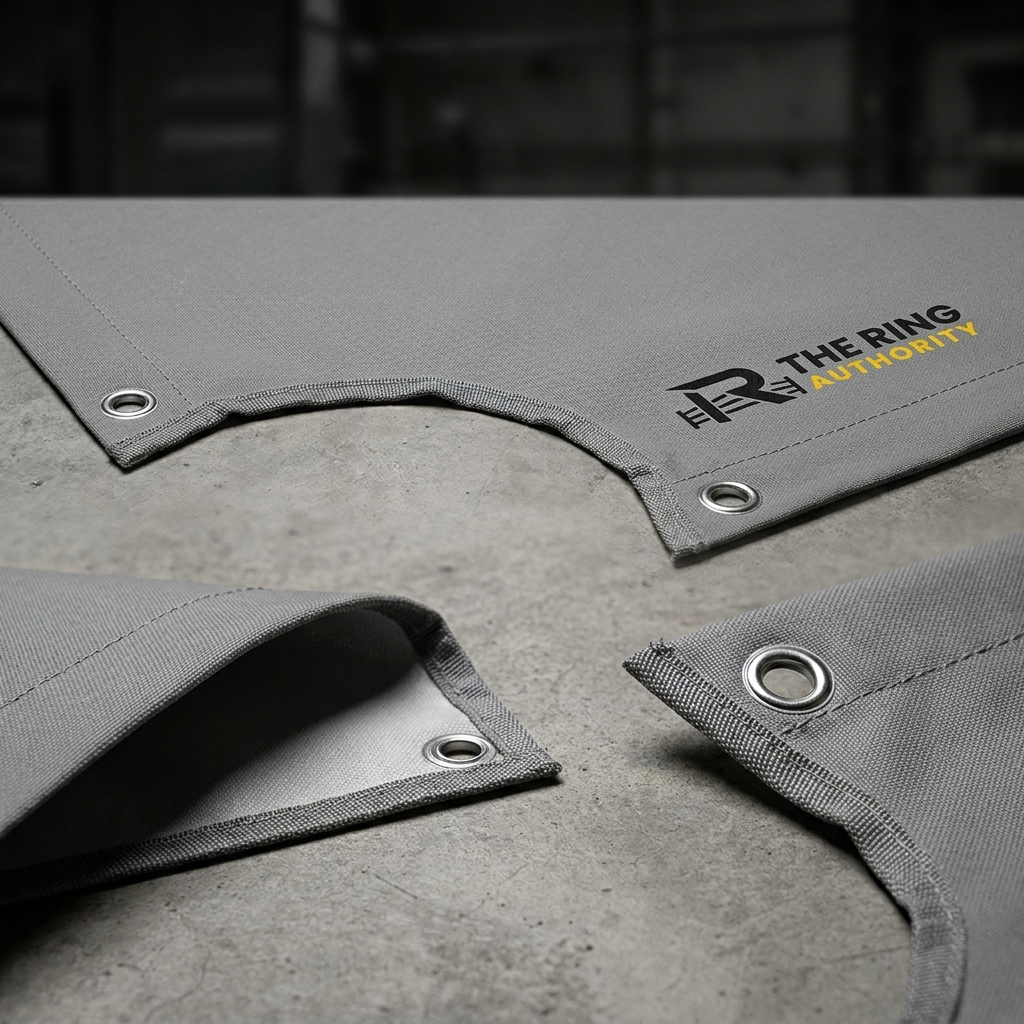 Gray fabric with grommets and 'The Ring Authority' logo on a concrete surface.
