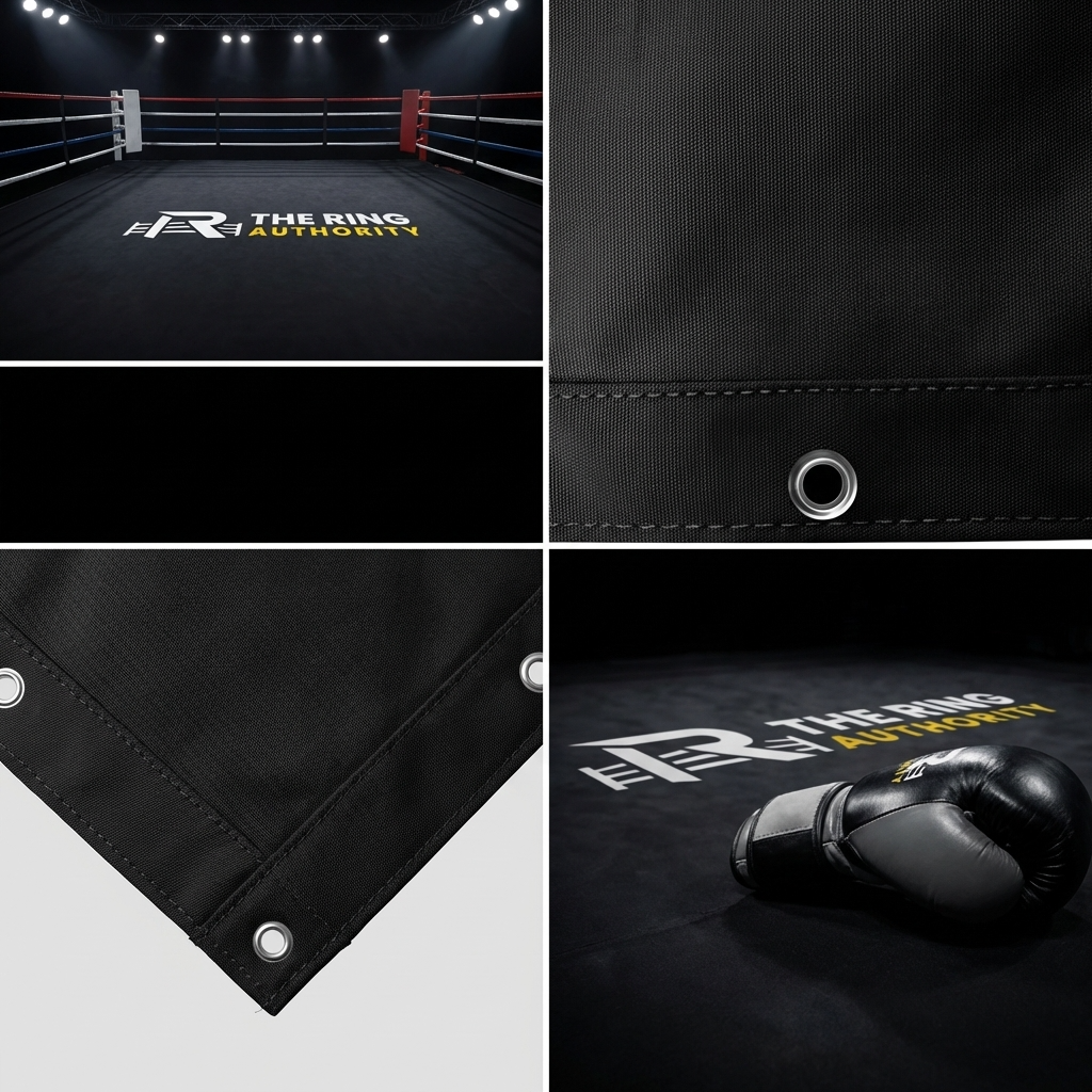 Collage of a boxing ring, black banner with 'The Ring Authority' logo, and black boxing gloves.